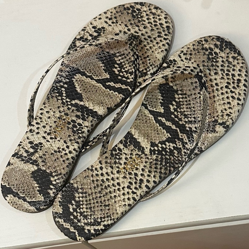TKEES Snake Print Sandals - Black and Tan